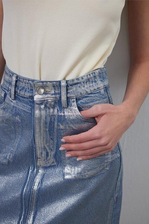 Parlak Baskı Sıvamalı Denim Etek