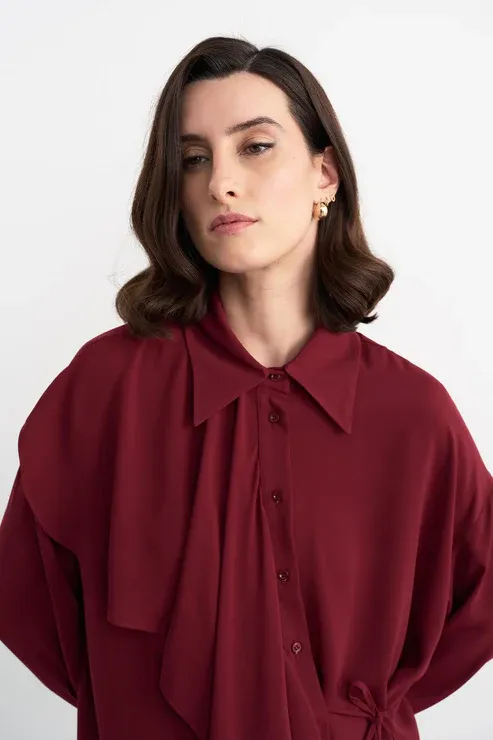 KB Morina Volanlı Bağlamalı Gömlek Bordo - 1